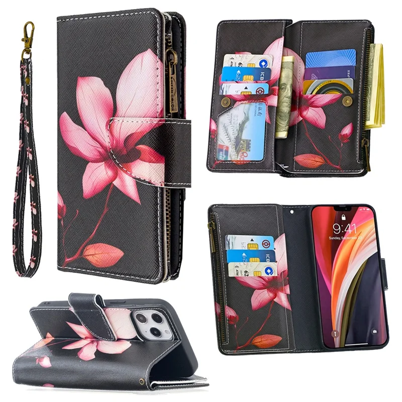 BF03 Pattern Printing Zipper Wallet Leather Cover for iPhone 12 Pro Max 6.7 inch - Vivid Flower