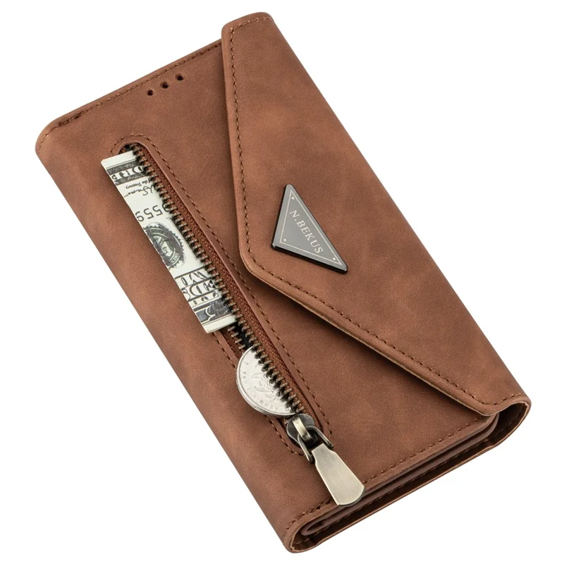 Leather Cover with Zipper Strap for iPhone 12 mini - Brown