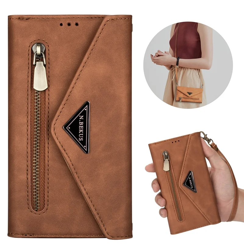 Leather Cover with Zipper Strap for iPhone 12 mini - Brown