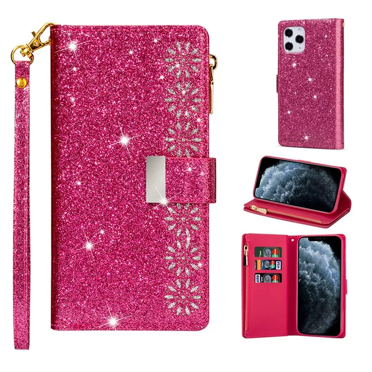 Glittery Starry Style Laser Carving Zipper Leather Case for iPhone 12 Pro/12 - Rose