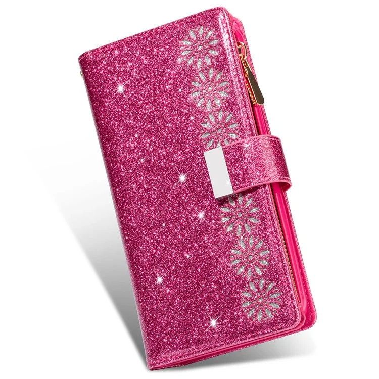 Glittery Starry Style Laser Carving Zipper Leather Case for iPhone 12 Pro/12 - Rose