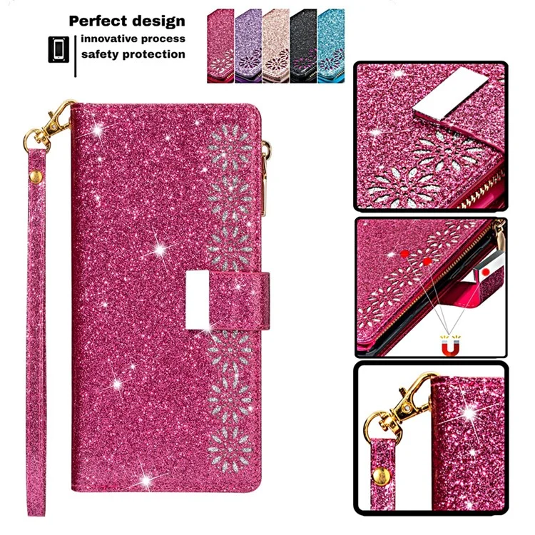 Glittery Starry Style Laser Carving Zipper Leather Case for iPhone 12 Pro/12 - Rose