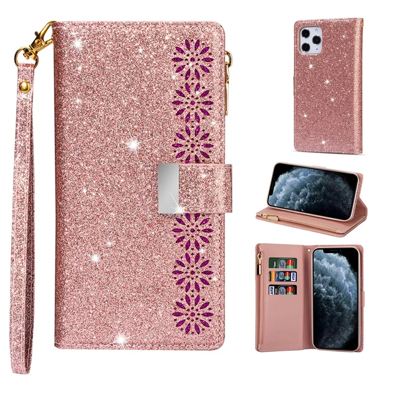 Glittery Starry Style Laser Carving Zipper Leather Case for iPhone 12 Pro/12 - Rose Gold