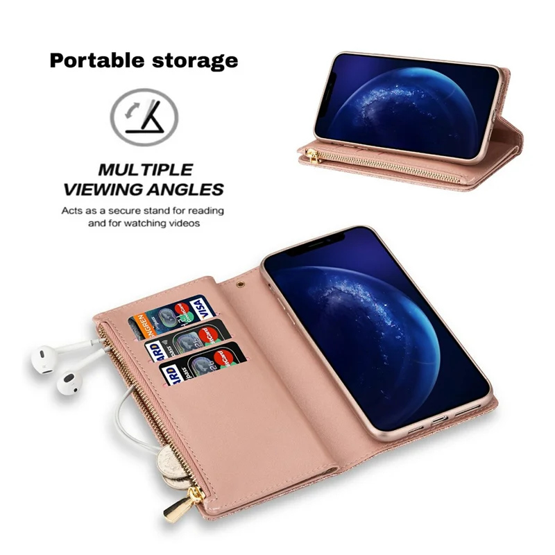 Glittery Starry Style Laser Carving Zipper Leather Case for iPhone 12 Pro/12 - Rose Gold