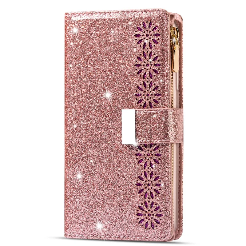 Glittery Starry Style Laser Carving Zipper Leather Case for iPhone 12 Pro/12 - Rose Gold