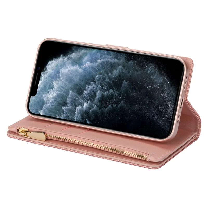 Glittery Starry Style Laser Carving Zipper Leather Case for iPhone 12 Pro/12 - Rose Gold