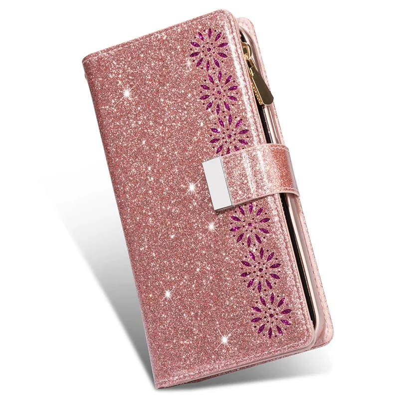 Glittery Starry Style Laser Carving Zipper Leather Case for iPhone 12 Pro/12 - Rose Gold