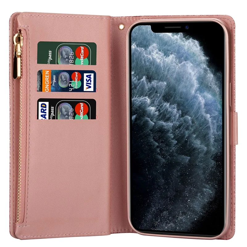 Glittery Starry Style Laser Carving Zipper Leather Case for iPhone 12 Pro/12 - Rose Gold