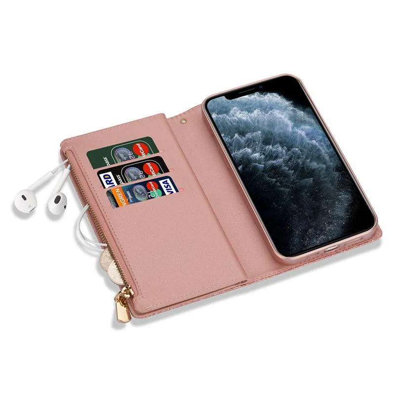 Glittery Starry Style Laser Carving Zipper Leather Case for iPhone 12 Pro/12 - Rose Gold