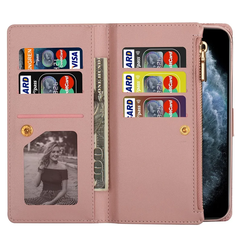 Glittery Starry Style Laser Carving Zipper Leather Case for iPhone 12 Pro/12 - Rose Gold