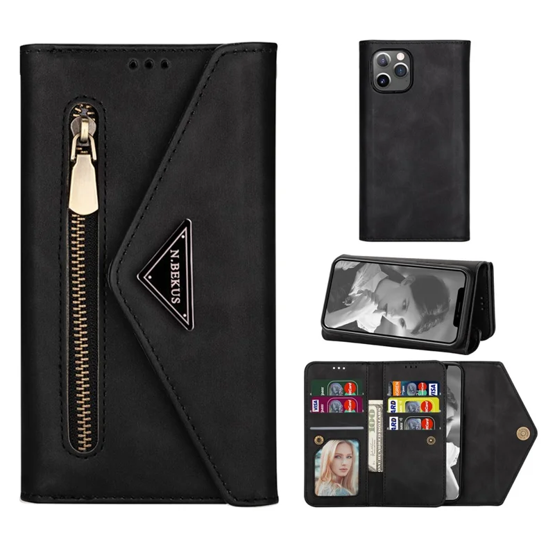 Short/Long Strap Leather Shell Zipper Cover for iPhone 12 Pro Max 6.7 inch - Black