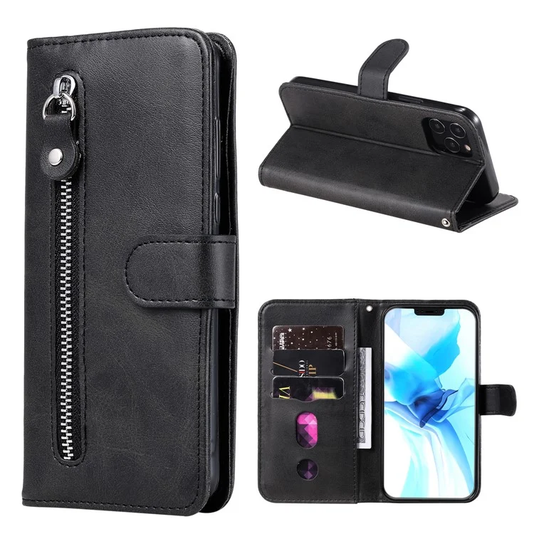 Zipper Pocket Leather Protector Wallet Stand Cover for iPhone 12 Pro/12 - Black