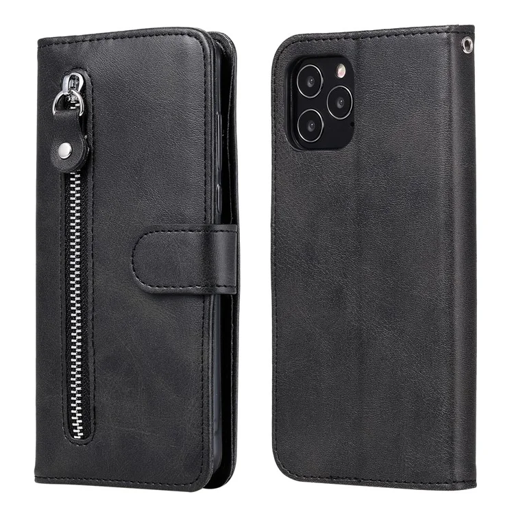 Zipper Pocket Leather Protector Wallet Stand Cover for iPhone 12 Pro/12 - Black