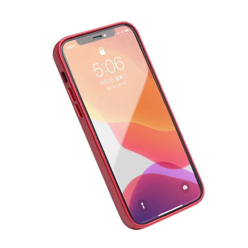 QIALINO Cowhide Leather Coated PC Phone Case for iPhone 12 6.1 inch/12 Pro 6.1 inch, Smartphone Phone Cover - Red
