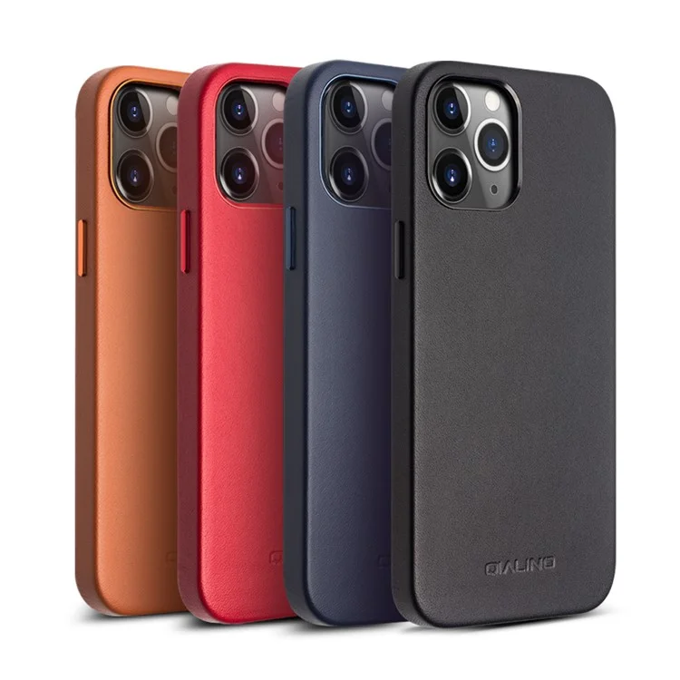 QIALINO High-quality Cowhide Leather Coated PC Phone Cover Anti-scratch Shockproof Phone Case for iPhone 12 Pro Max - Black