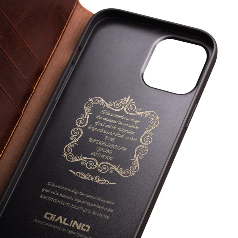 QIALINO For iPhone 12 Pro Max 6.7 inch Genuine Cowhide Leather Phone Case Wallet Stand Shockproof Protective Cover - Brown