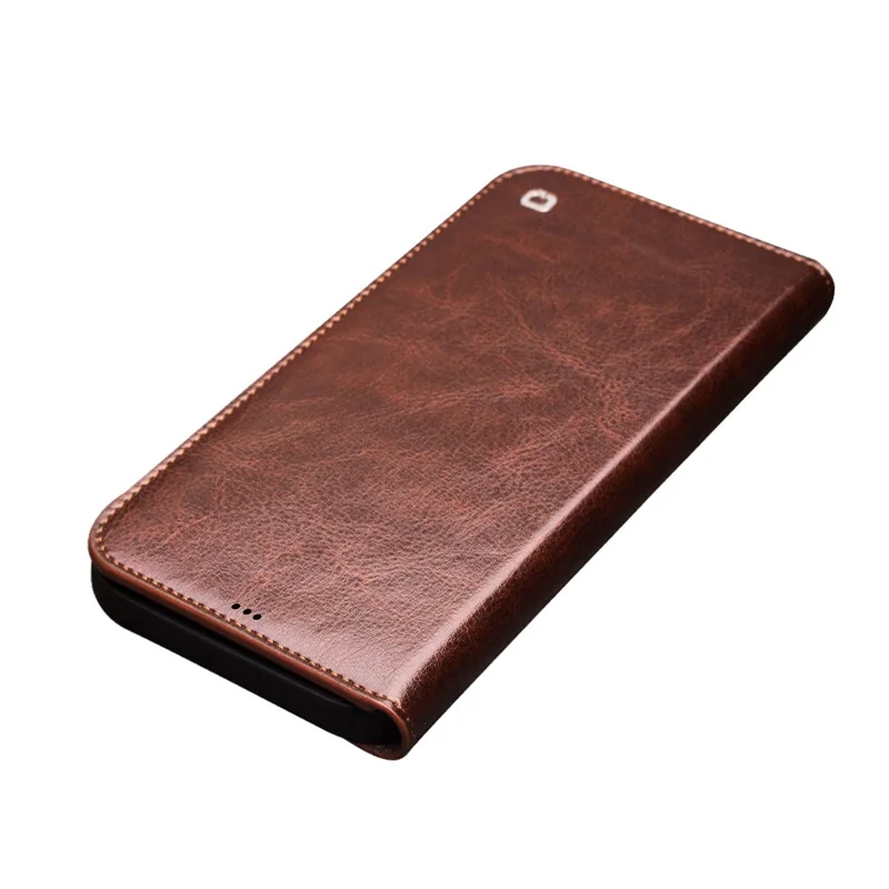 QIALINO For iPhone 12 Pro Max 6.7 inch Genuine Cowhide Leather Phone Case Wallet Stand Shockproof Protective Cover - Brown