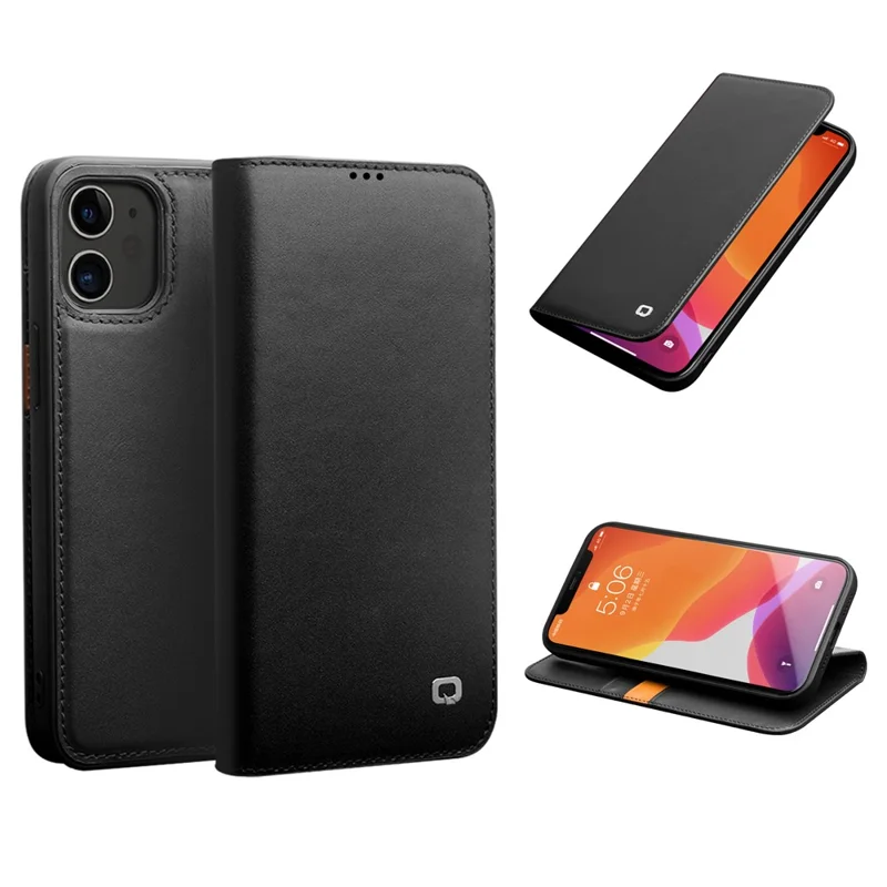 QIALINO For iPhone 12 Pro 6.1 inch/12 6.1 inch Classic Top Cowhide Leather Cover Wallet Stand Phone Case - Black