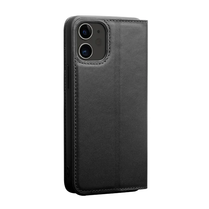 QIALINO For iPhone 12 Pro 6.1 inch/12 6.1 inch Classic Top Cowhide Leather Cover Wallet Stand Phone Case - Black