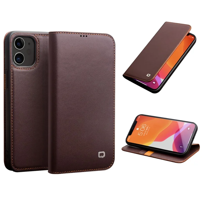 QIALINO For iPhone 12 Pro 6.1 inch/12 6.1 inch Classic Top Cowhide Leather Cover Wallet Stand Phone Case - Brown