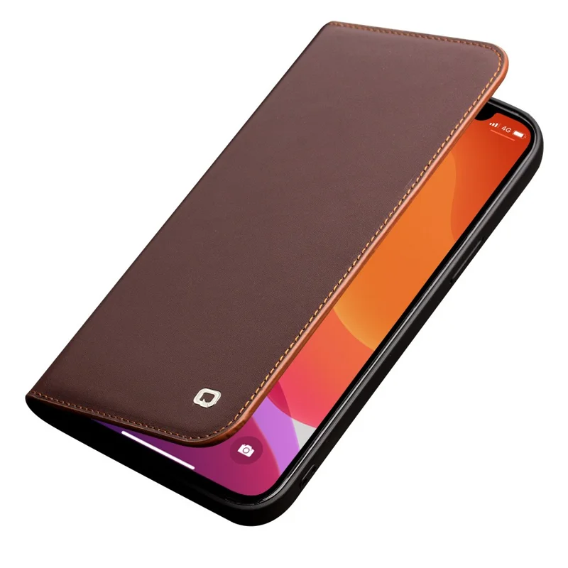 QIALINO For iPhone 12 Pro 6.1 inch/12 6.1 inch Classic Top Cowhide Leather Cover Wallet Stand Phone Case - Brown