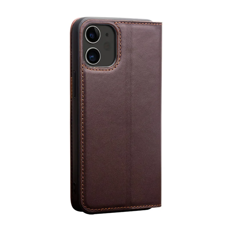 QIALINO For iPhone 12 Pro 6.1 inch/12 6.1 inch Classic Top Cowhide Leather Cover Wallet Stand Phone Case - Brown