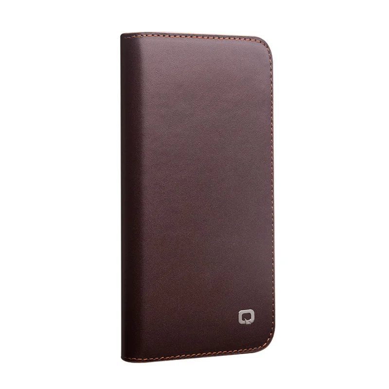 QIALINO For iPhone 12 Pro 6.1 inch/12 6.1 inch Classic Top Cowhide Leather Cover Wallet Stand Phone Case - Brown