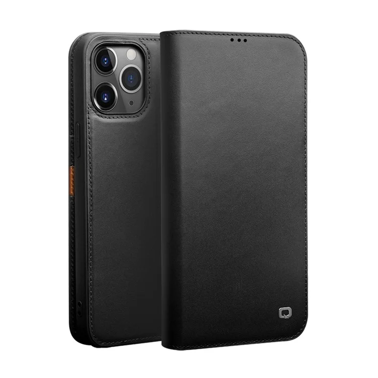 QIALINO For iPhone 12 Pro Max 6.7 inch Phone Case Classic Top Cowhide Leather Wallet Cover Stand Shell - Black