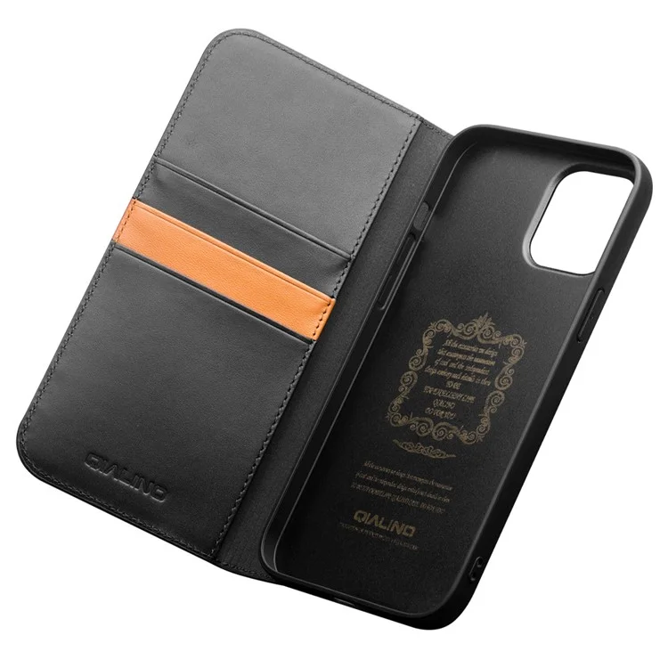 QIALINO For iPhone 12 Pro Max 6.7 inch Phone Case Classic Top Cowhide Leather Wallet Cover Stand Shell - Black
