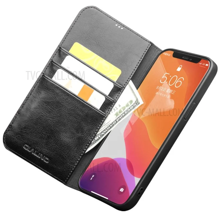 QIALINO For iPhone 12 mini 5.4 inch Genuine Cowhide Leather Case Wallet Stand Phone Cover - Black