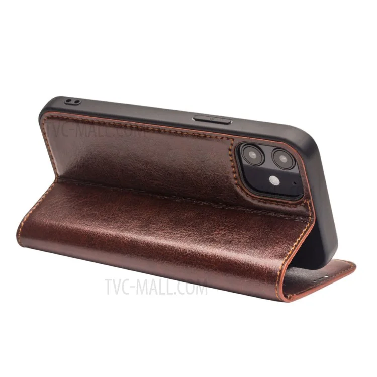 QIALINO For iPhone 12 mini 5.4 inch Genuine Cowhide Leather Case Wallet Stand Phone Cover - Brown