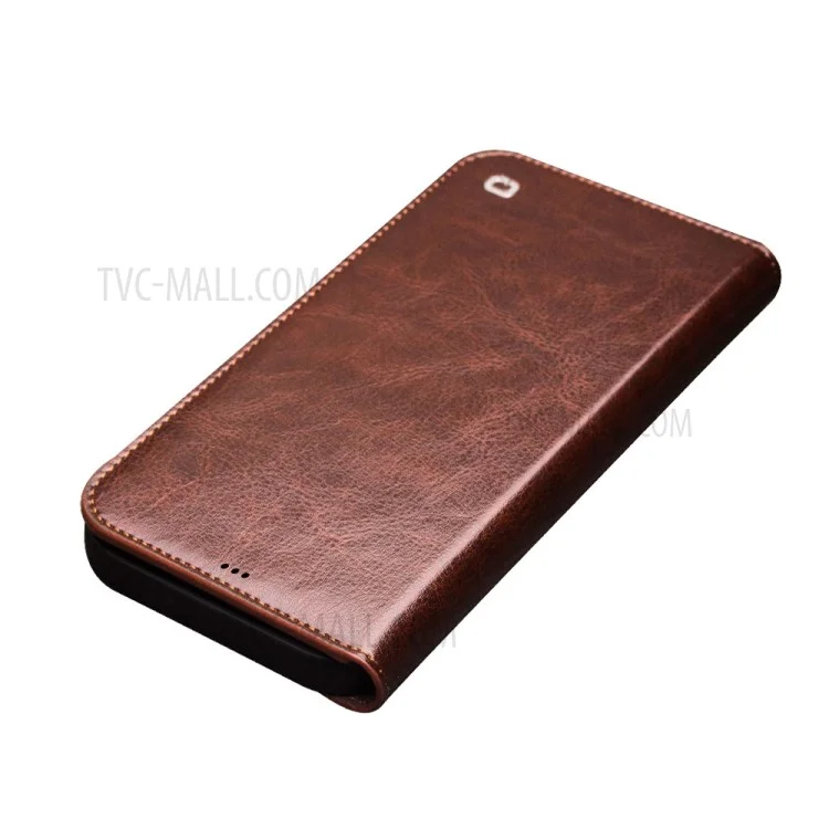 QIALINO For iPhone 12 mini 5.4 inch Genuine Cowhide Leather Case Wallet Stand Phone Cover - Brown