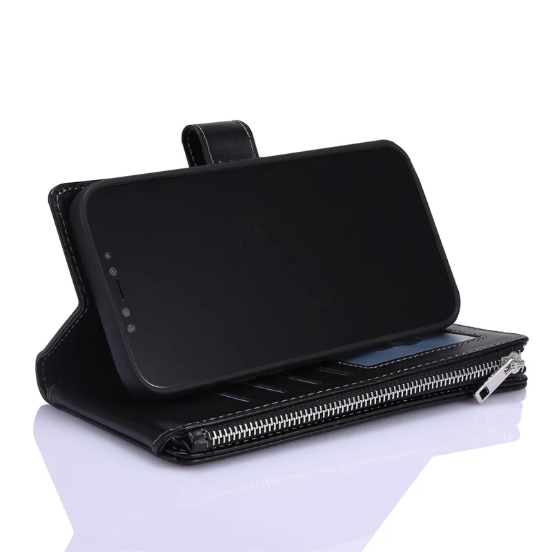 Leather Wallet Stand Cover Case with Zippered Pocket for iPhone 12 Pro Max - Black