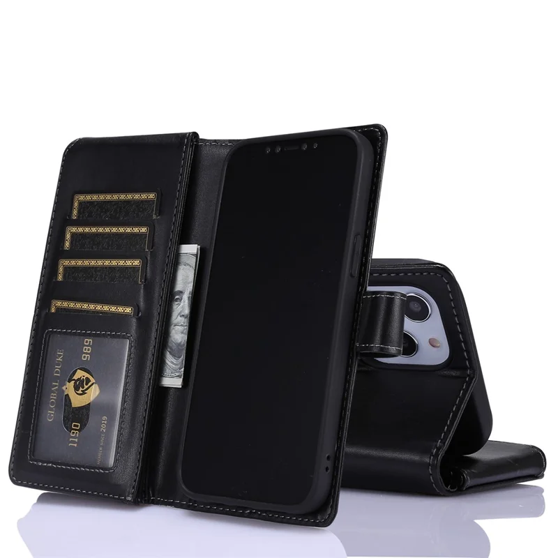 Leather Wallet Stand Cover Case with Zippered Pocket for iPhone 12 Pro Max - Black