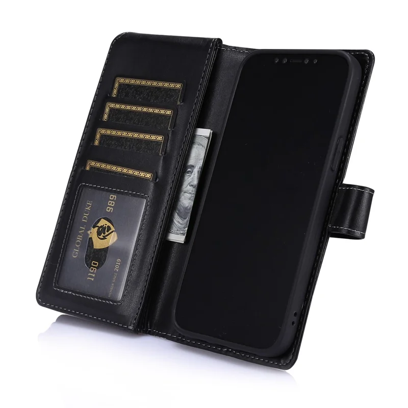 Leather Wallet Stand Cover Case with Zippered Pocket for iPhone 12 Pro Max - Black