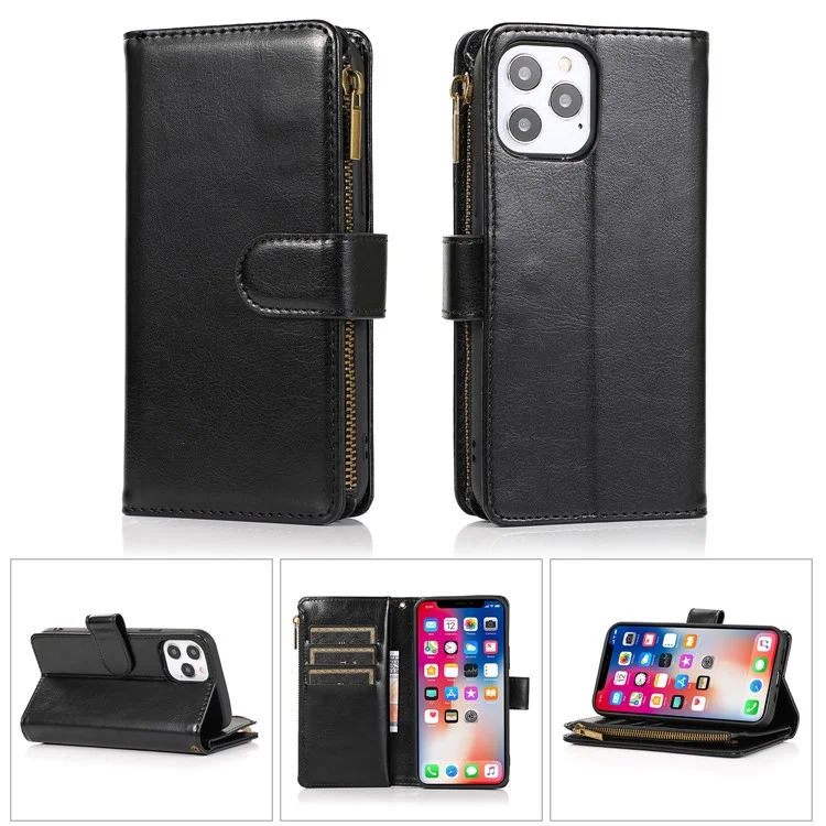 Crazy Horse Leather Coated TPU Wallet Phone Stand Case with 9 Card Slots Kickstand Shell for iPhone 12 Pro Max - Black