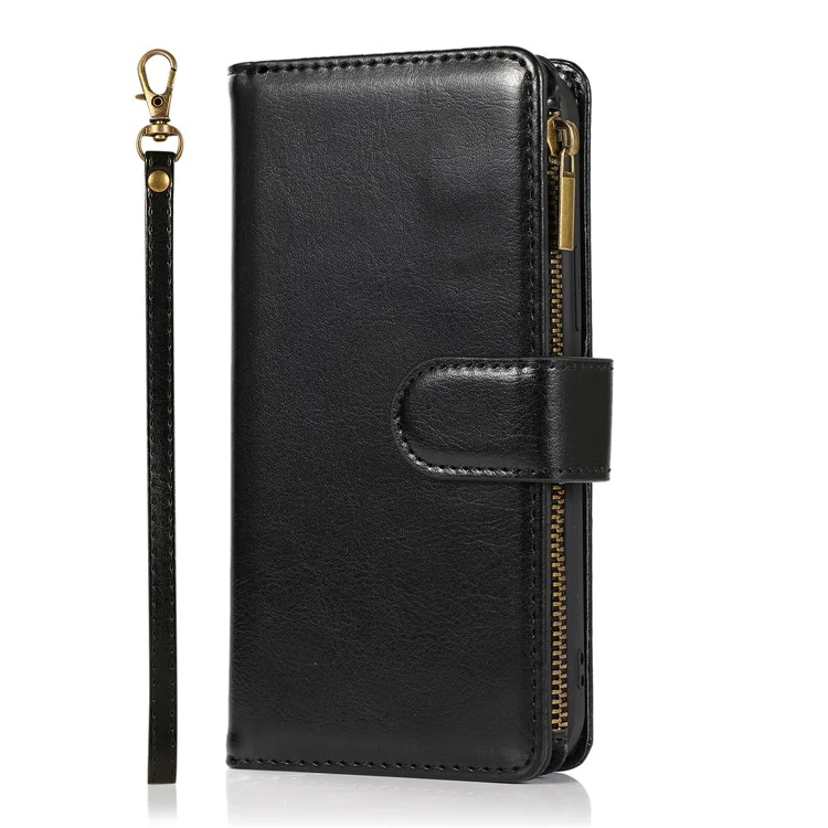 Crazy Horse Leather Coated TPU Wallet Phone Stand Case with 9 Card Slots Kickstand Shell for iPhone 12 Pro Max - Black