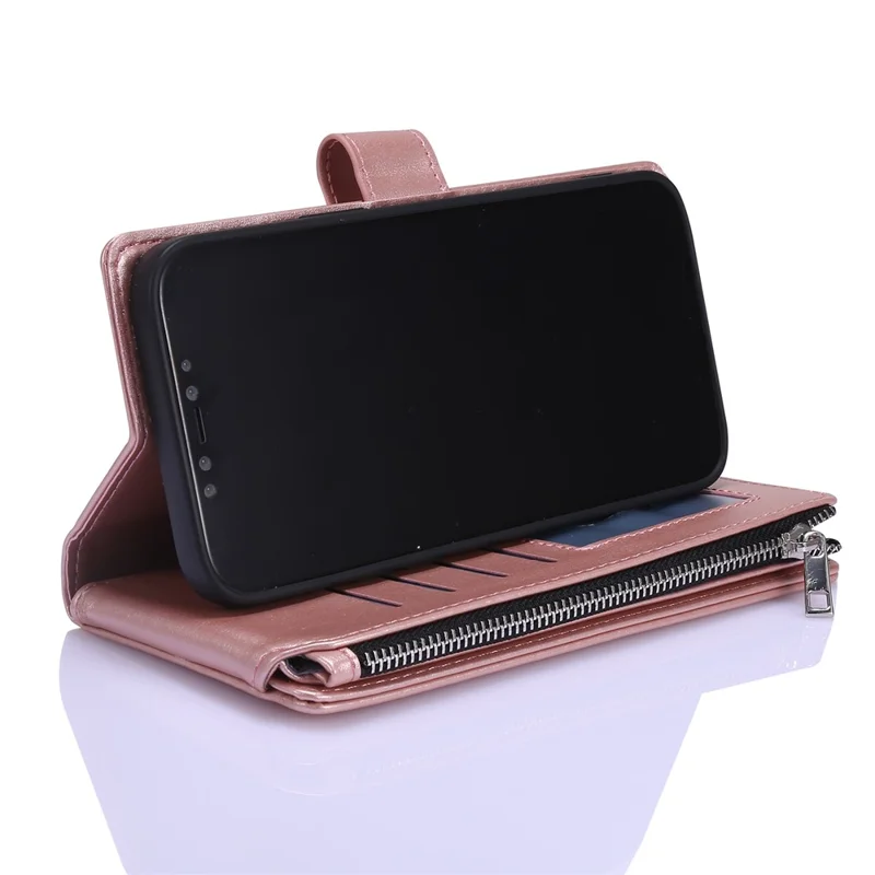 Leather Wallet Stand Cover Case with Zippered Pocket for iPhone 12 mini 5.4 inch - Rose Gold