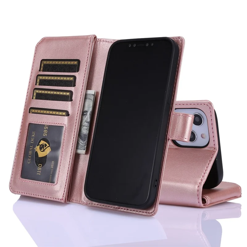 Leather Wallet Stand Cover Case with Zippered Pocket for iPhone 12 mini 5.4 inch - Rose Gold