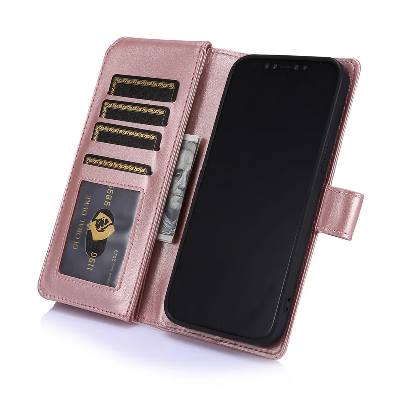 Leather Wallet Stand Cover Case with Zippered Pocket for iPhone 12 mini 5.4 inch - Rose Gold