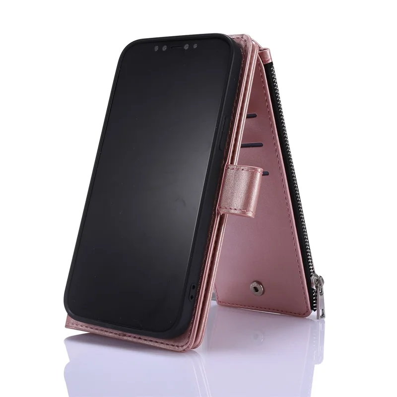 Leather Wallet Stand Cover Case with Zippered Pocket for iPhone 12 mini 5.4 inch - Rose Gold