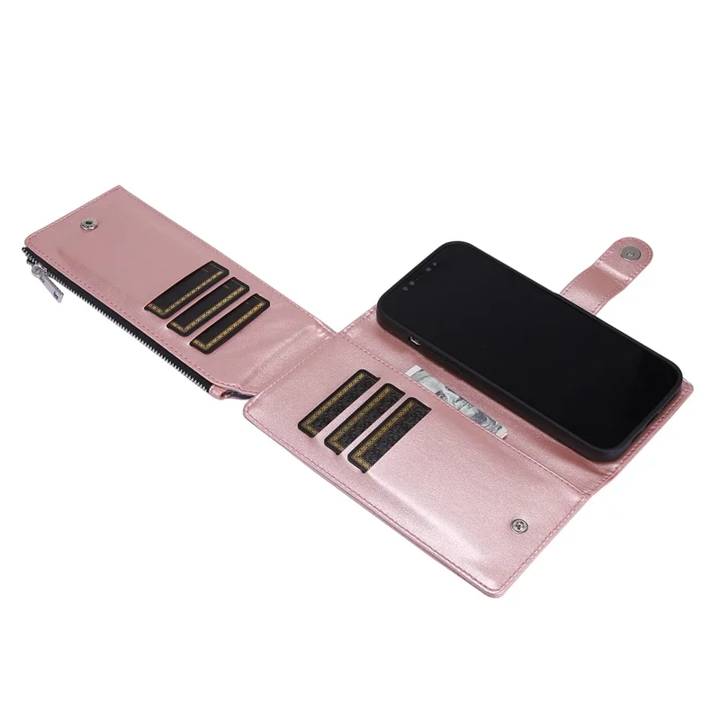 Leather Wallet Stand Cover Case with Zippered Pocket for iPhone 12 mini 5.4 inch - Rose Gold