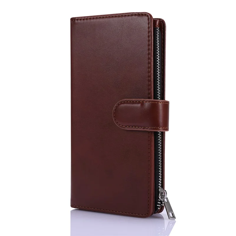 Leather Wallet Stand Cover Case with Zippered Pocket for iPhone 12 mini 5.4 inch - Brown