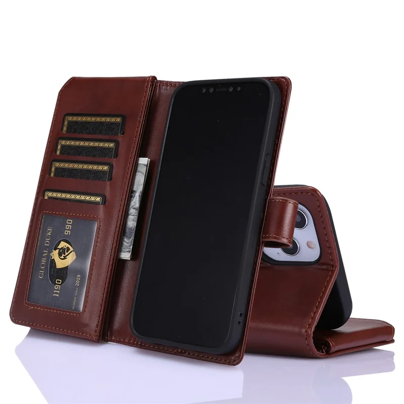 Leather Wallet Stand Cover Case with Zippered Pocket for iPhone 12 mini 5.4 inch - Brown