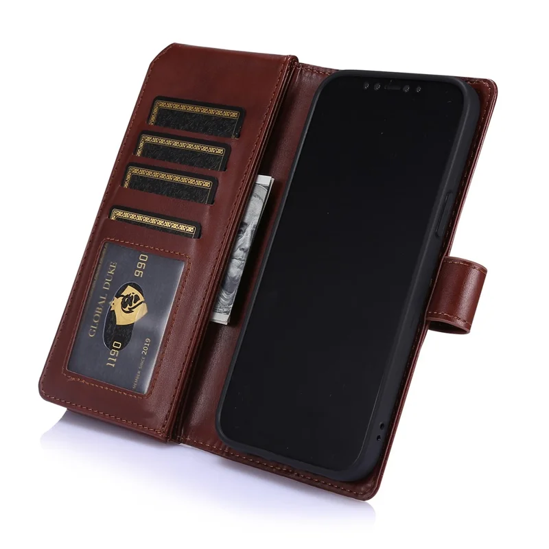 Leather Wallet Stand Cover Case with Zippered Pocket for iPhone 12 mini 5.4 inch - Brown