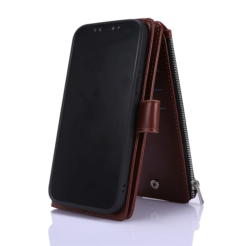 Leather Wallet Stand Cover Case with Zippered Pocket for iPhone 12 mini 5.4 inch - Brown