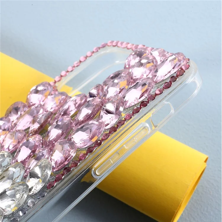 Funda de TPU de cristal y conchas rosa y blanca con diamantes sintéticos para iPhone 12/12 Pro