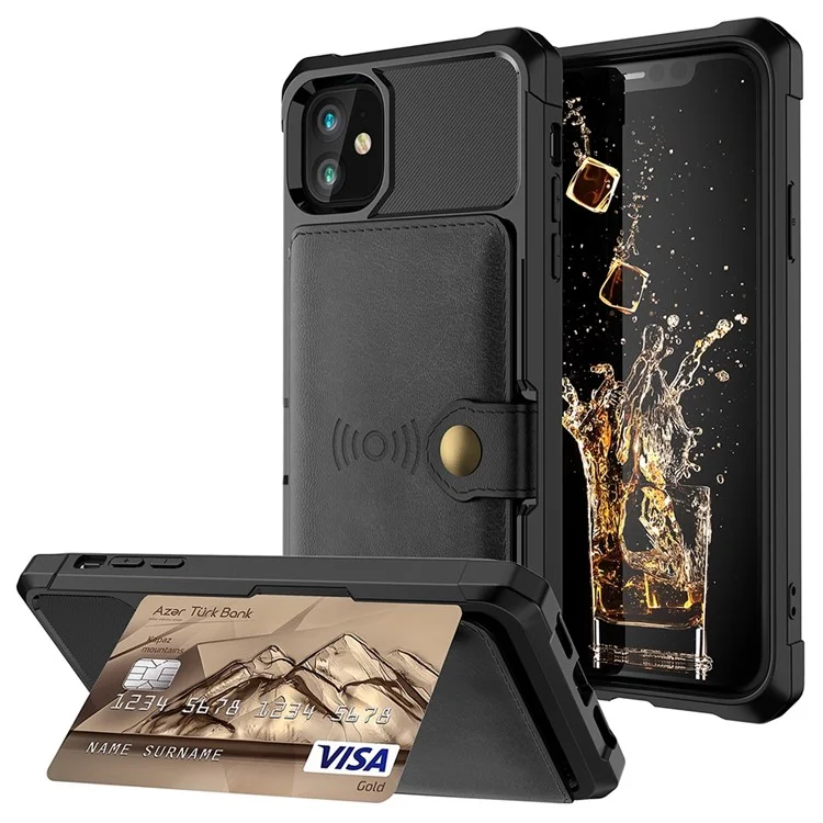 Funda protectora con soporte de cuero con revestimiento de TPU con soporte para tarjetas [hoja magnética integrada] para iPhone 12 mini - Negro