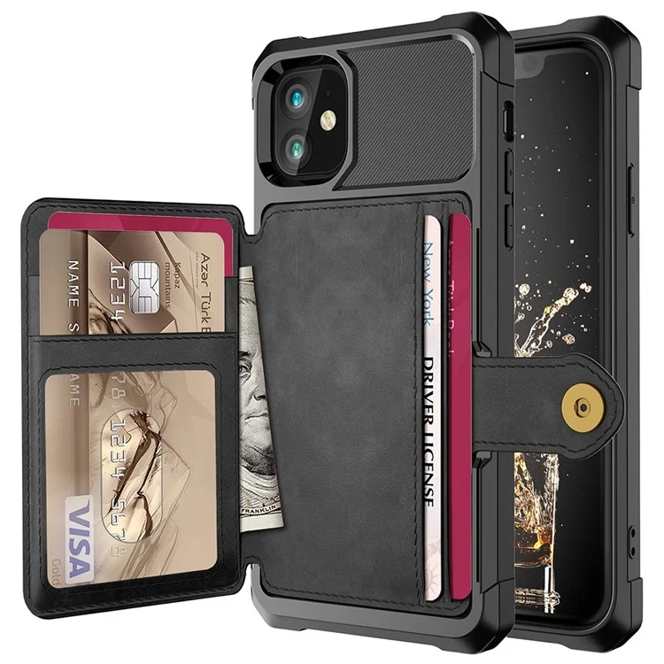 Funda protectora con soporte de cuero con revestimiento de TPU con soporte para tarjetas [hoja magnética integrada] para iPhone 12 mini - Negro