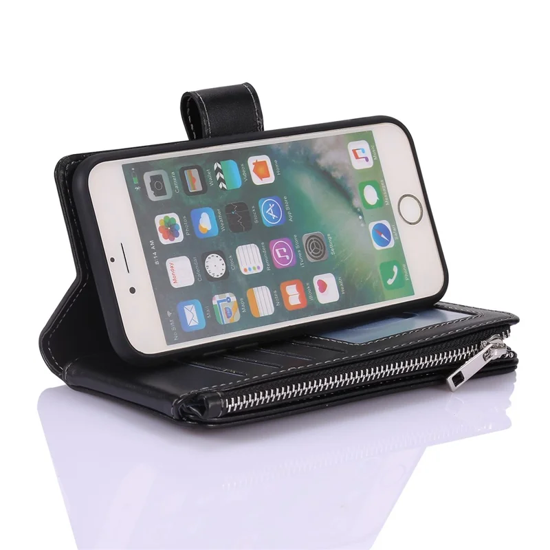 Leather Cell Phone Cover Shell with Nine Card-Carrying Slots and Zippered Pocket for iPhone 7/8/SE (2020)/SE (2022) - Black